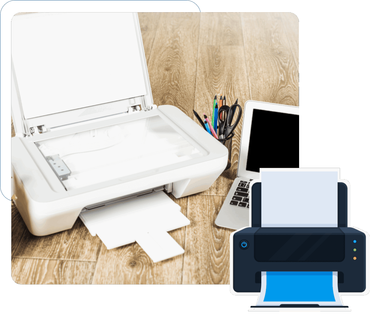 Group 3 Printer and laptop on wooden floor.