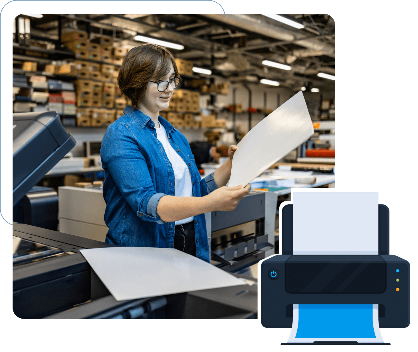 Group 3 Person examining paper in a printing facility.