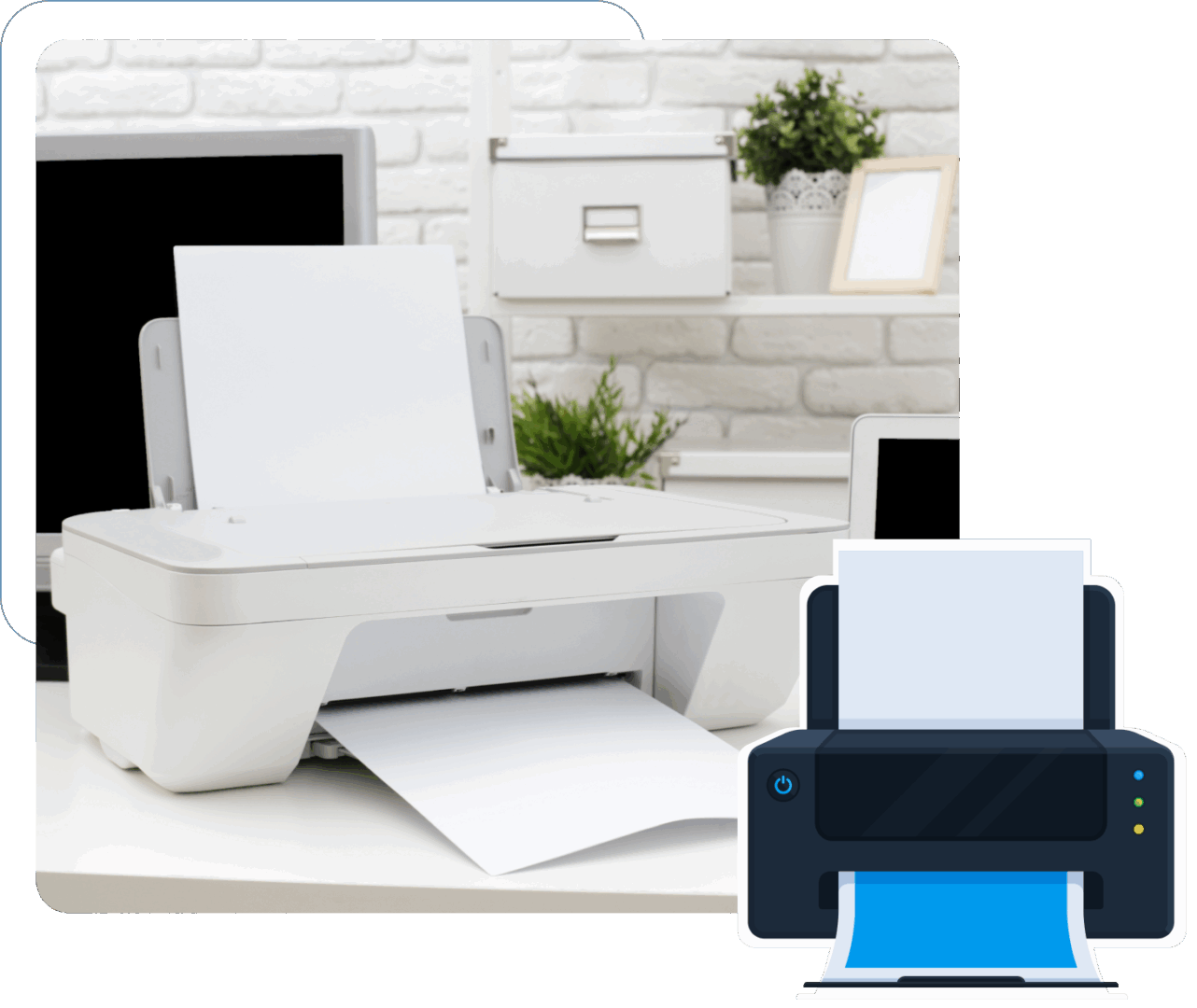 Group 5 Printer with paper, office setting, printer icon.